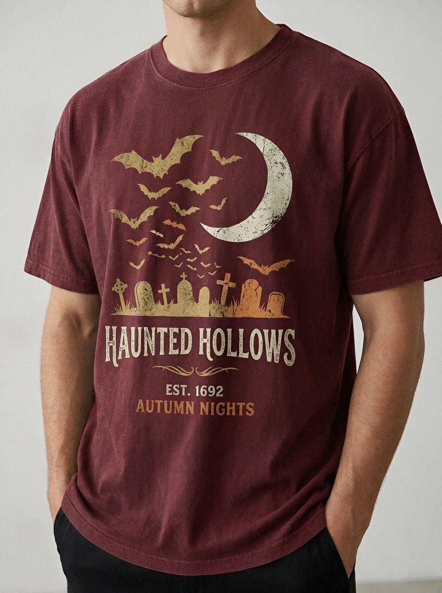 Men's Halloween Haunted Hollows Bats Graveyard Moon Printed T-shirt