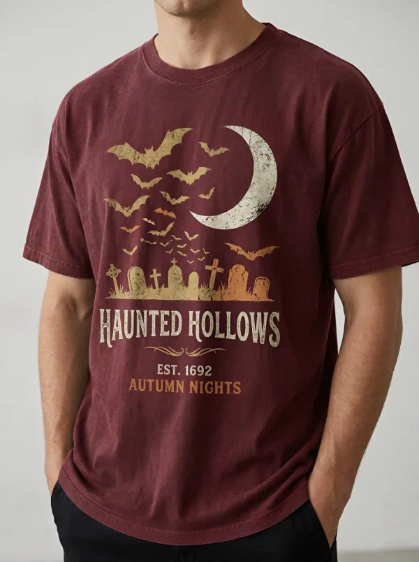 Men's Halloween Haunted Hollows Bats Graveyard Moon Printed T-shirt