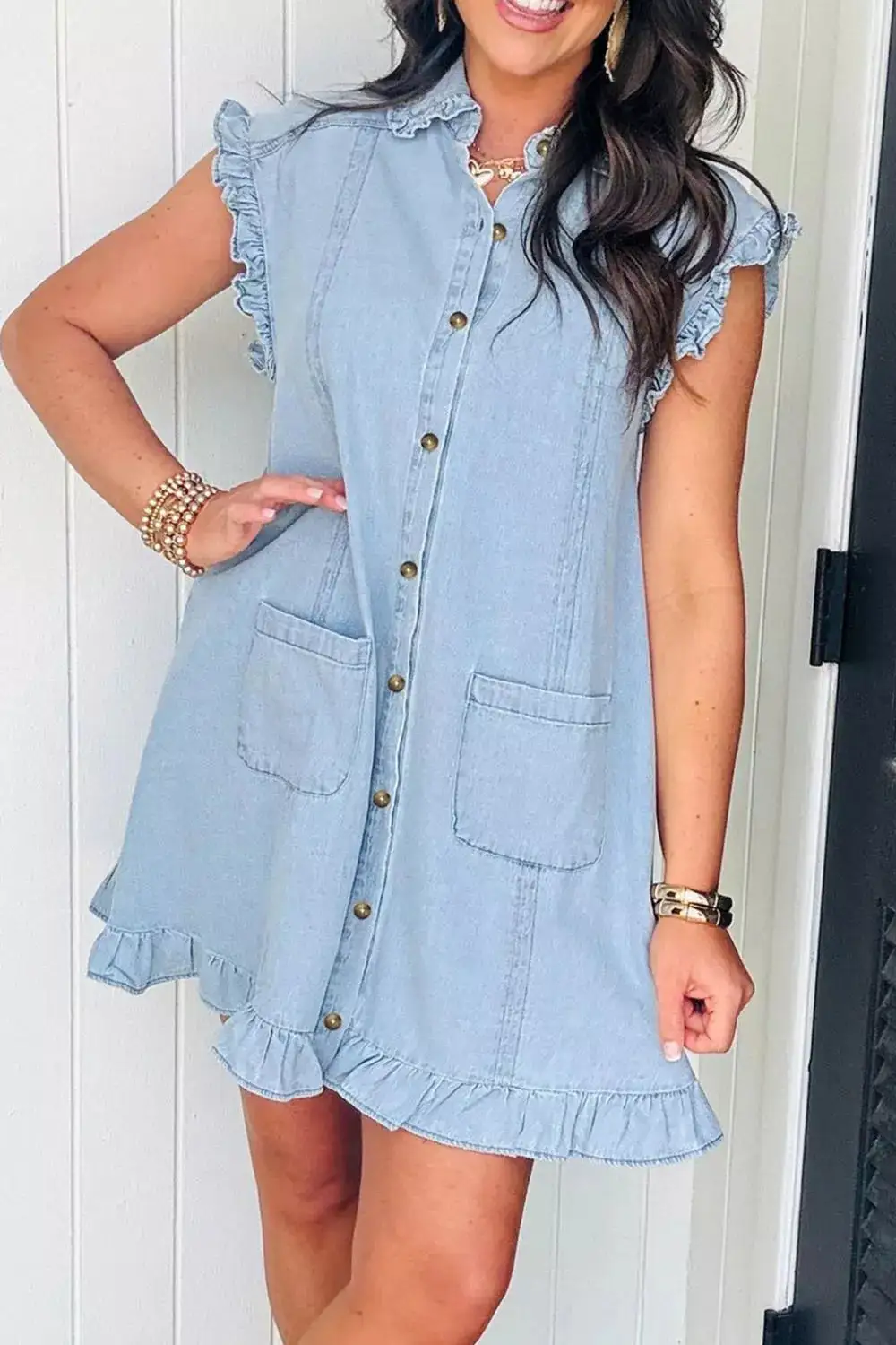 Denim Pocketed Ruffle Dress Casual