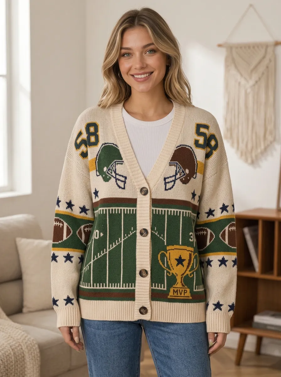 Women's Gridiron Mvp Trophy Helmet Knit Cardigan