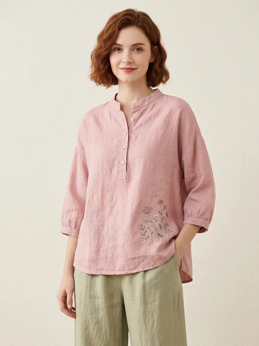 Women's Floral Nature Lover Wildflower Printed Cotton And Linen Blend Top