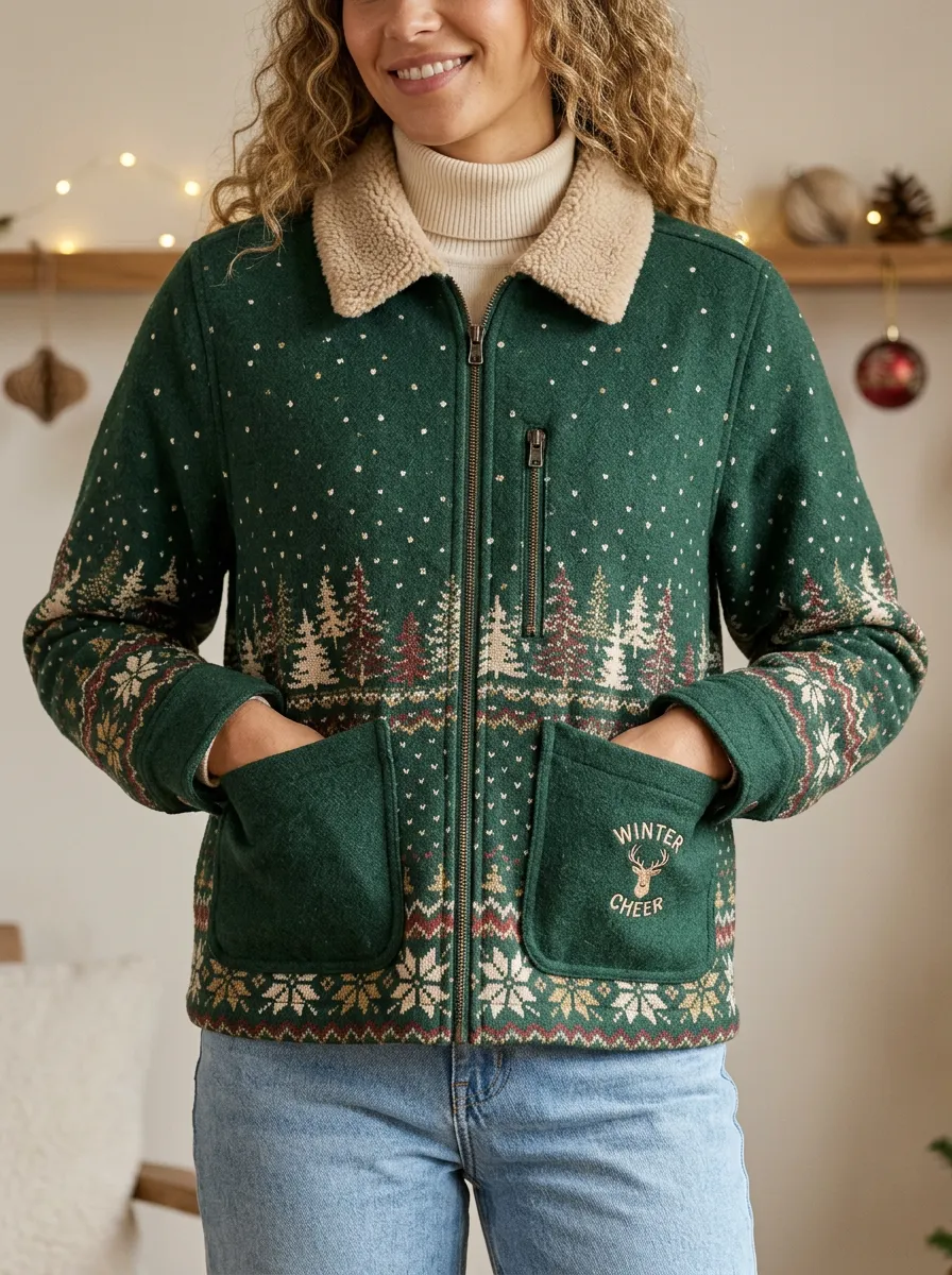 Christmas Winter Cheer Reindeer Forest Print Fleece Jacket