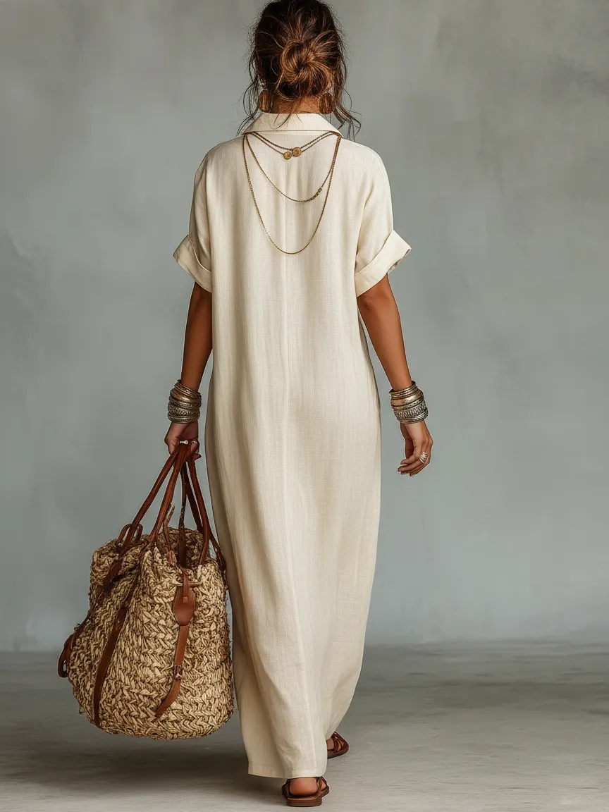 Minimalist Linen Blend Embroidered Short-sleeved Shirt Maxi Dress