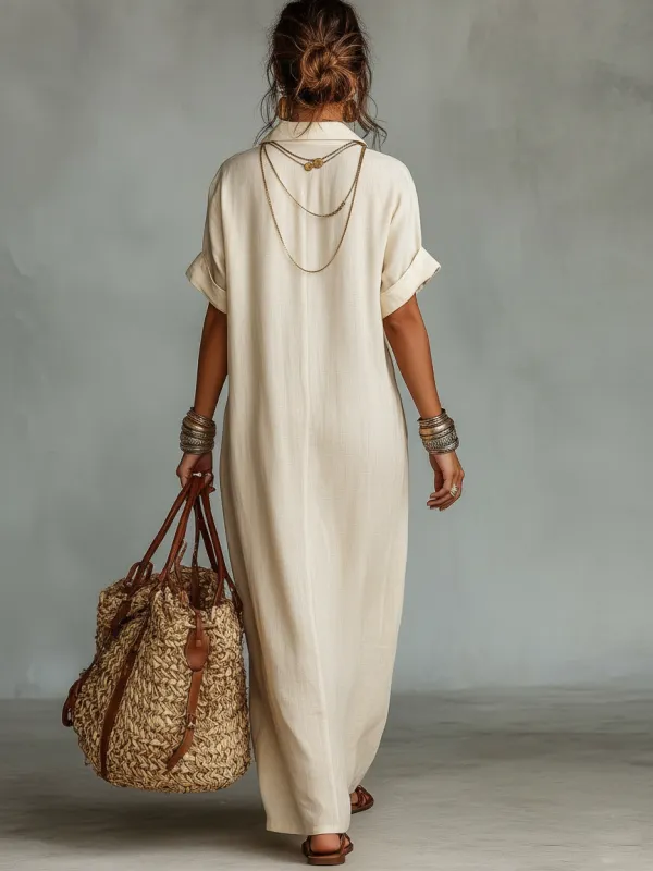 Minimalist Linen Blend Embroidered Short-sleeved Shirt Maxi Dress