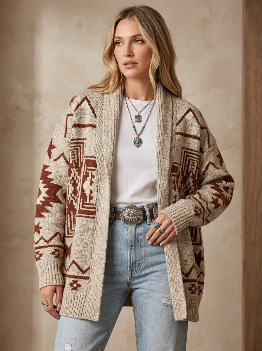 Women's Western Style Geometric Aztec Printed Cardigan Sweater