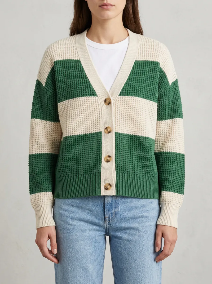 Relaxed Rugby Striped Waffle Knit Cardigan