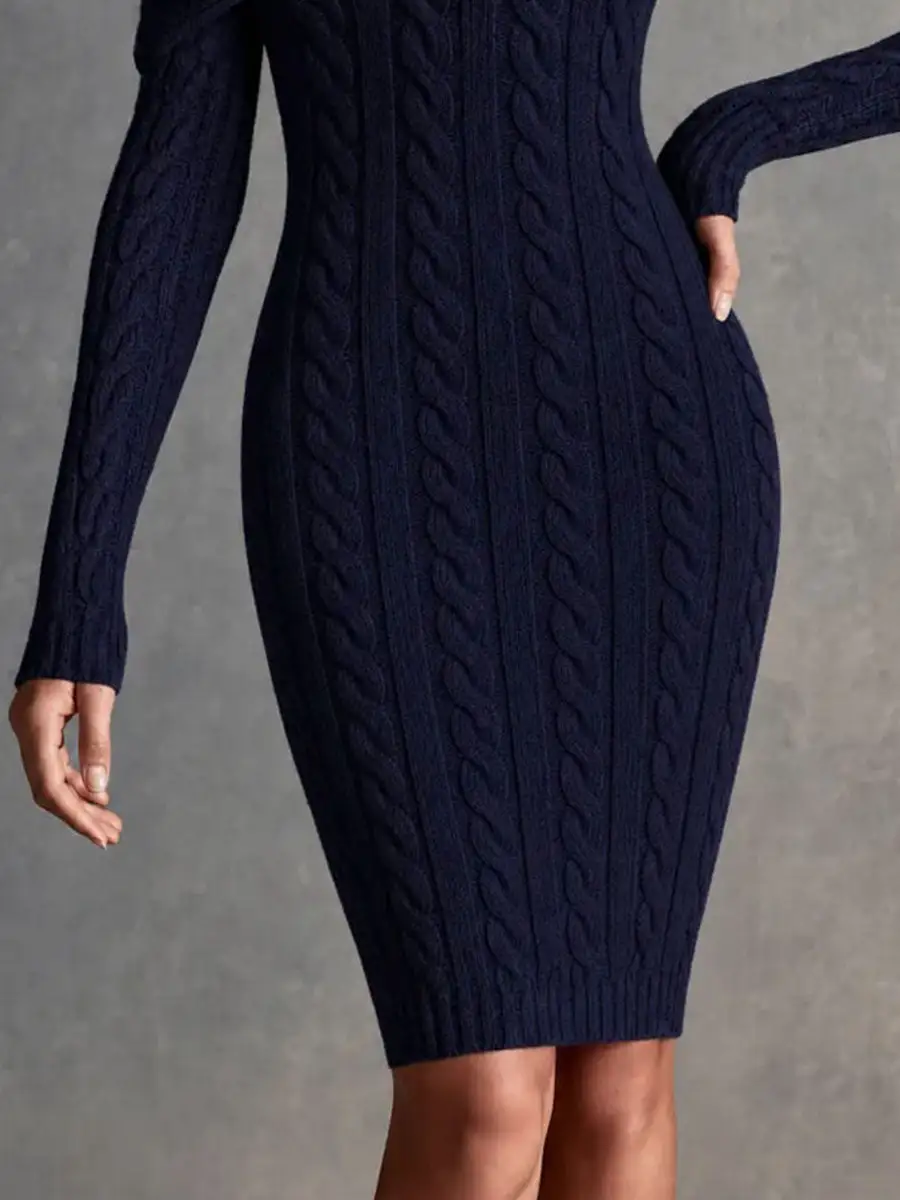 Elegant Navy Asymmetrical One Shoulder Cable Knit Dress