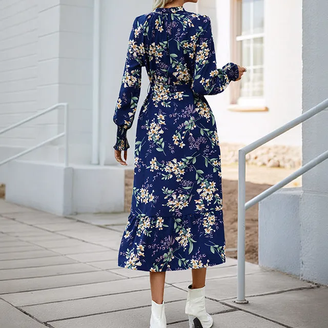 Women's Fitted V-Neck Long-Sleeve Floral Dress