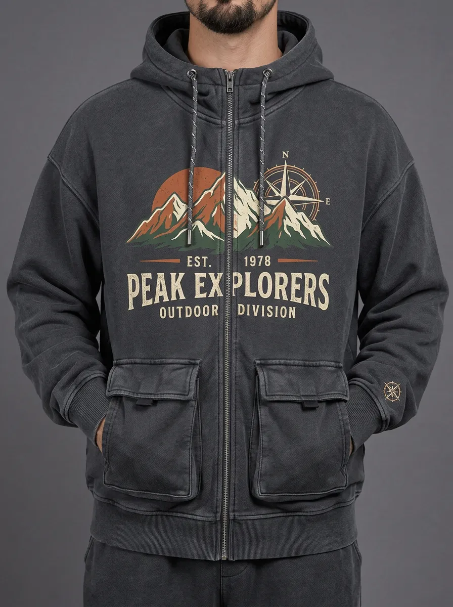 Men's Peak Explorers Mountain Compass Printed Zip-up Hoodie