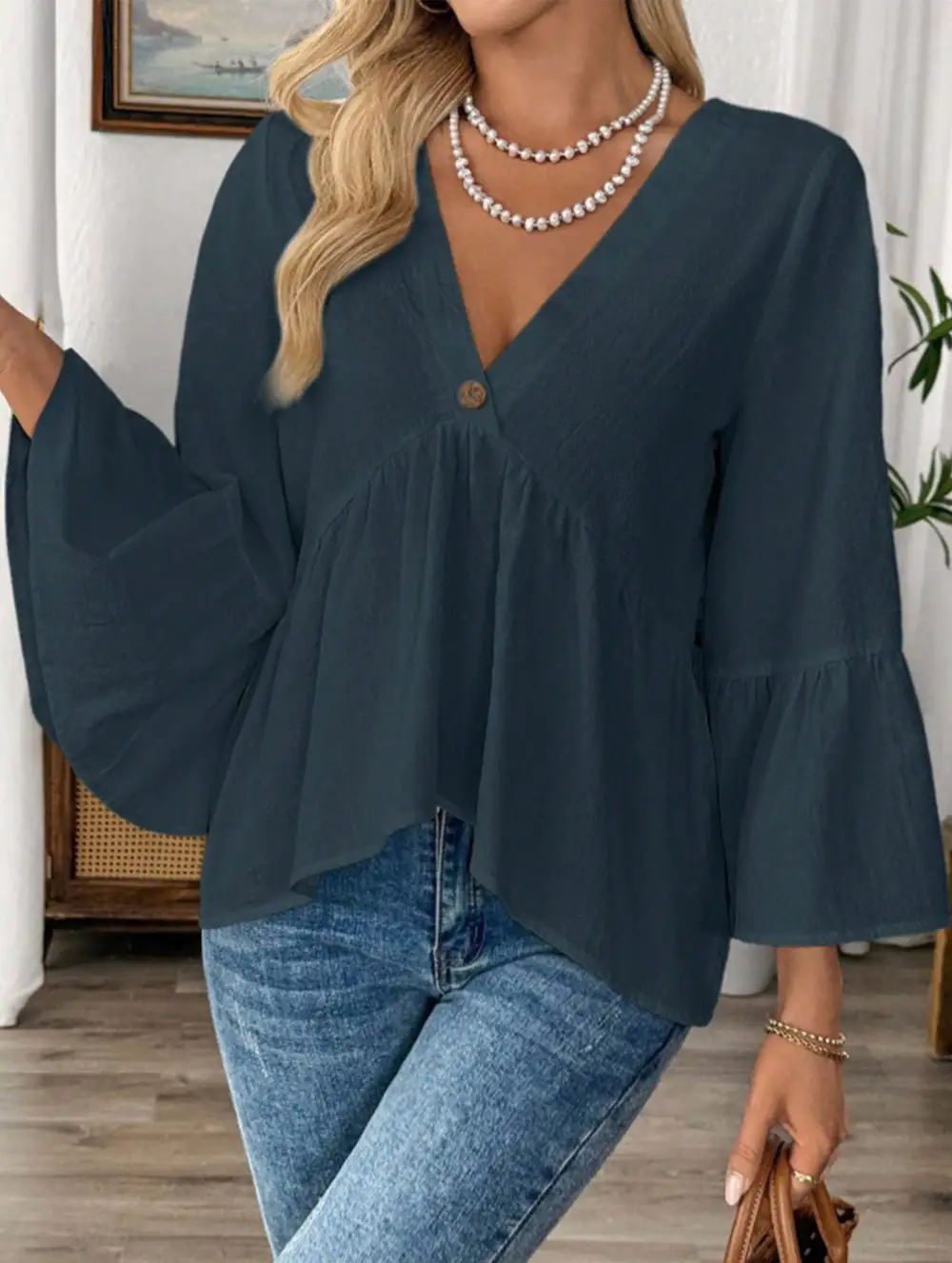 V Neck Ruffle Sleeve Cotton Blouse