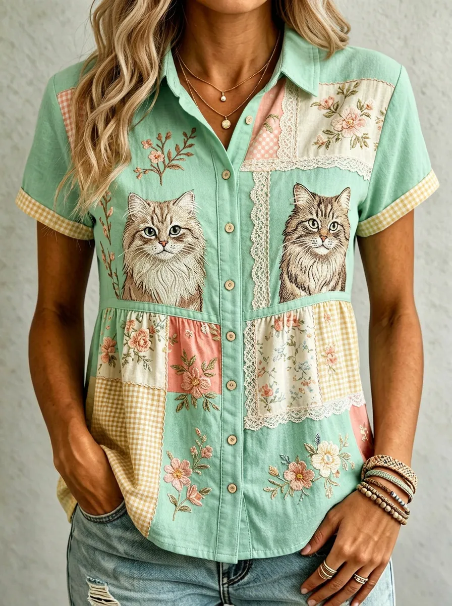 Women's Cat Lover Floral Patchwork Printed Cotton Linen Shirt