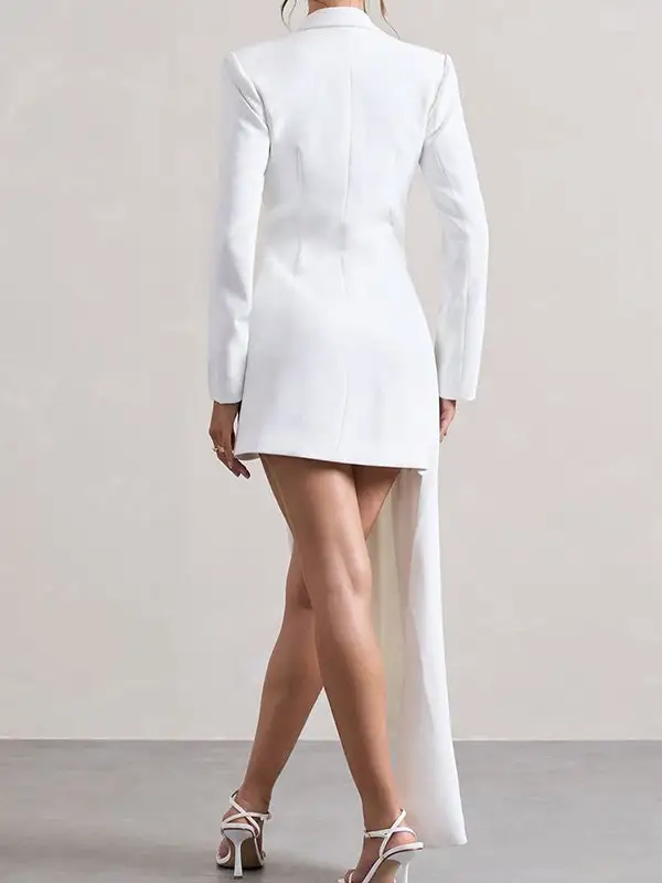 Long Sleeve Asymmetric Button Front Pocket Solid Color Blazer