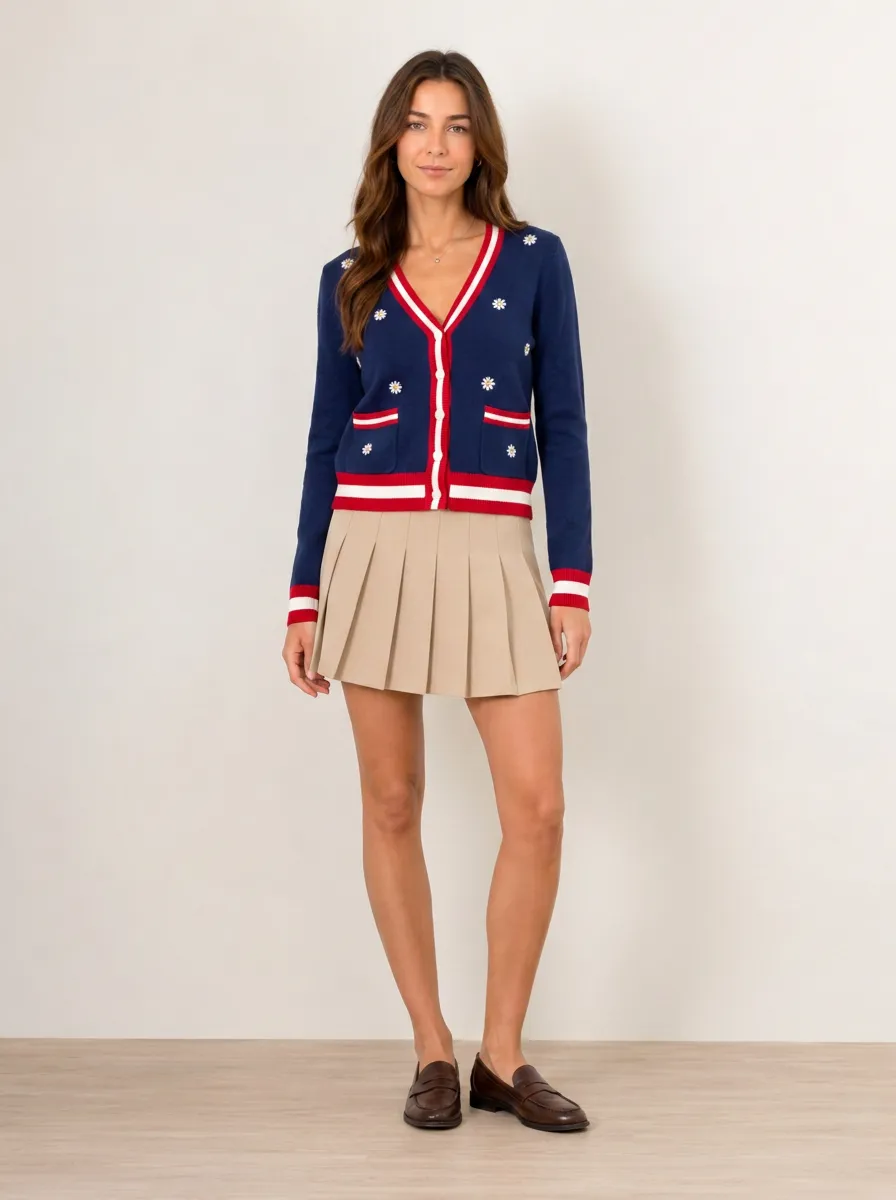Women's Floral Daisy Pattern Striped Trim Knitted Cardigan