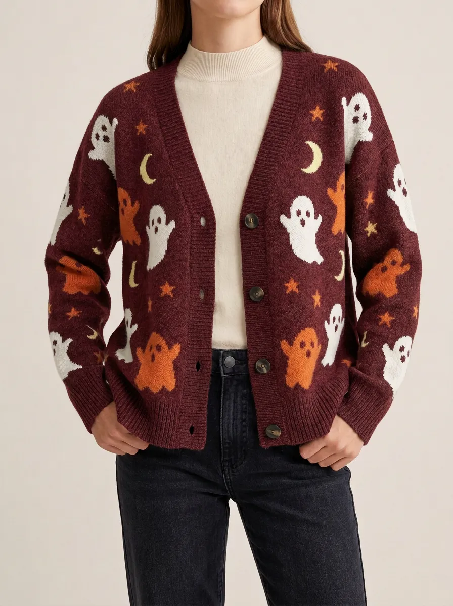Women's Halloween Ghost Moon Star Patterned Knit Cardigan