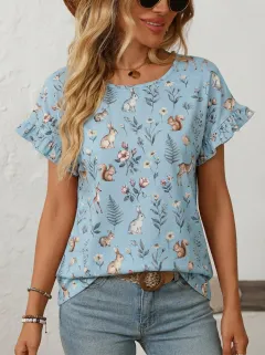 Rabbit Squirrel Floral Women's Loose Printed T-Shirt