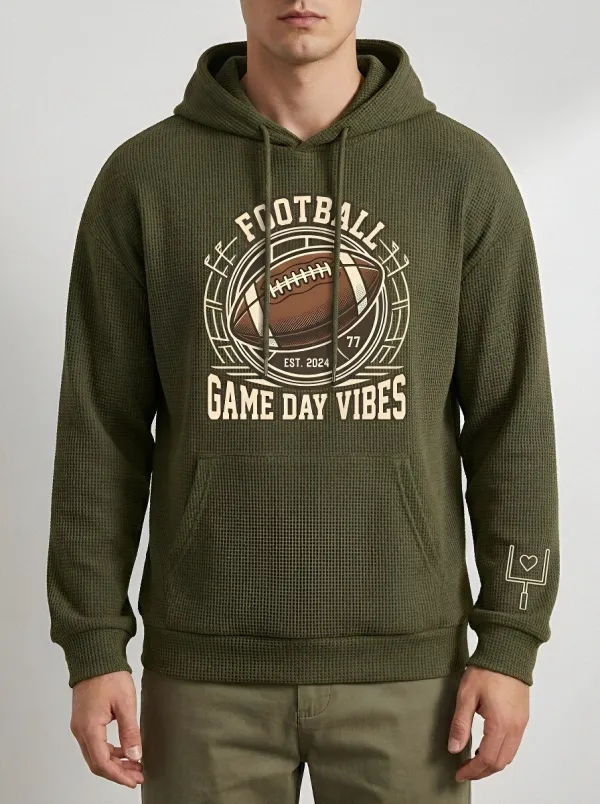 Men's Vintage-Inspired American Football Game Day Vibes Printed Waffle Hoodie