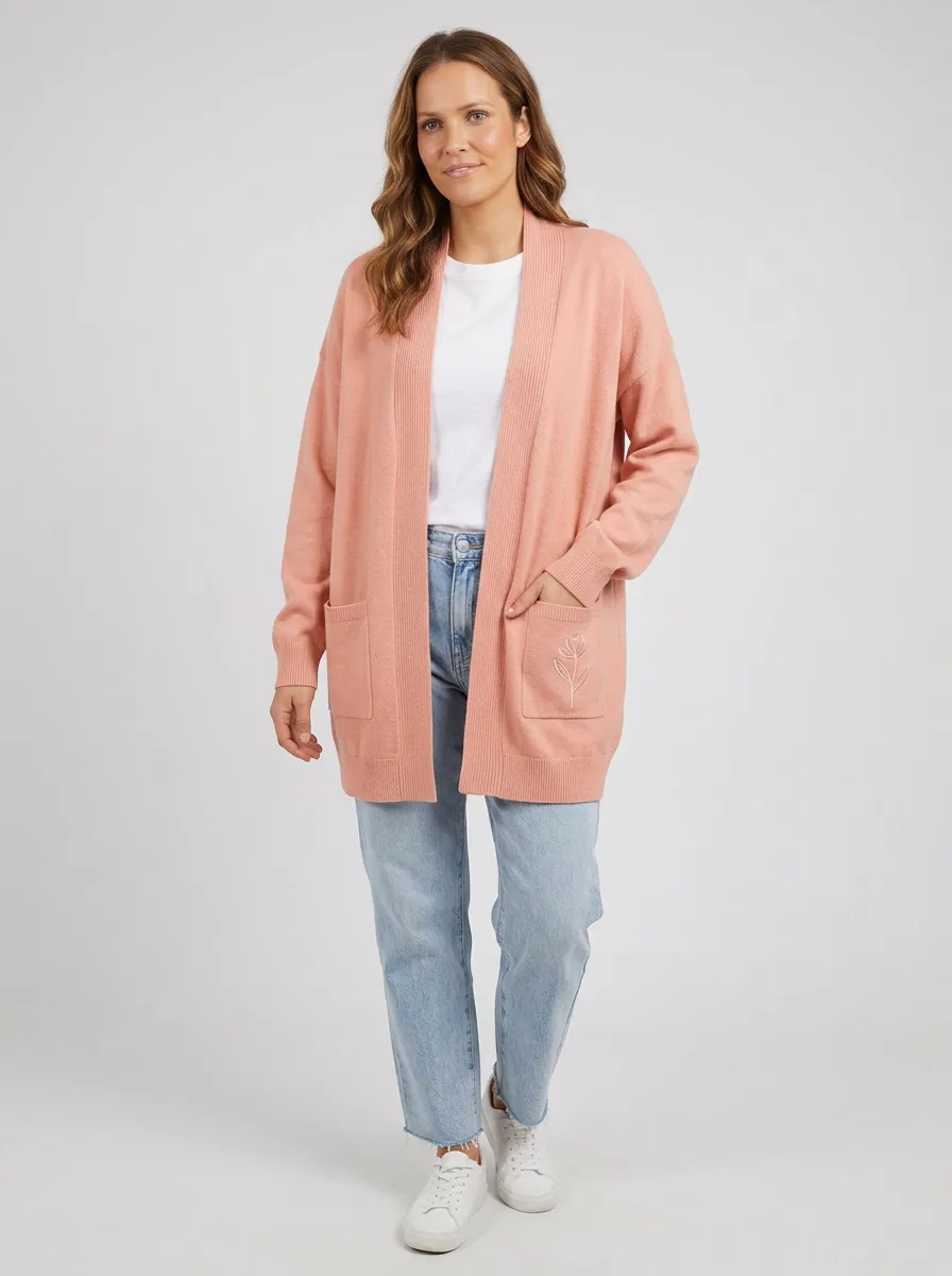 Pink Floral Minimalist Embroidered Open-Front Cardigan
