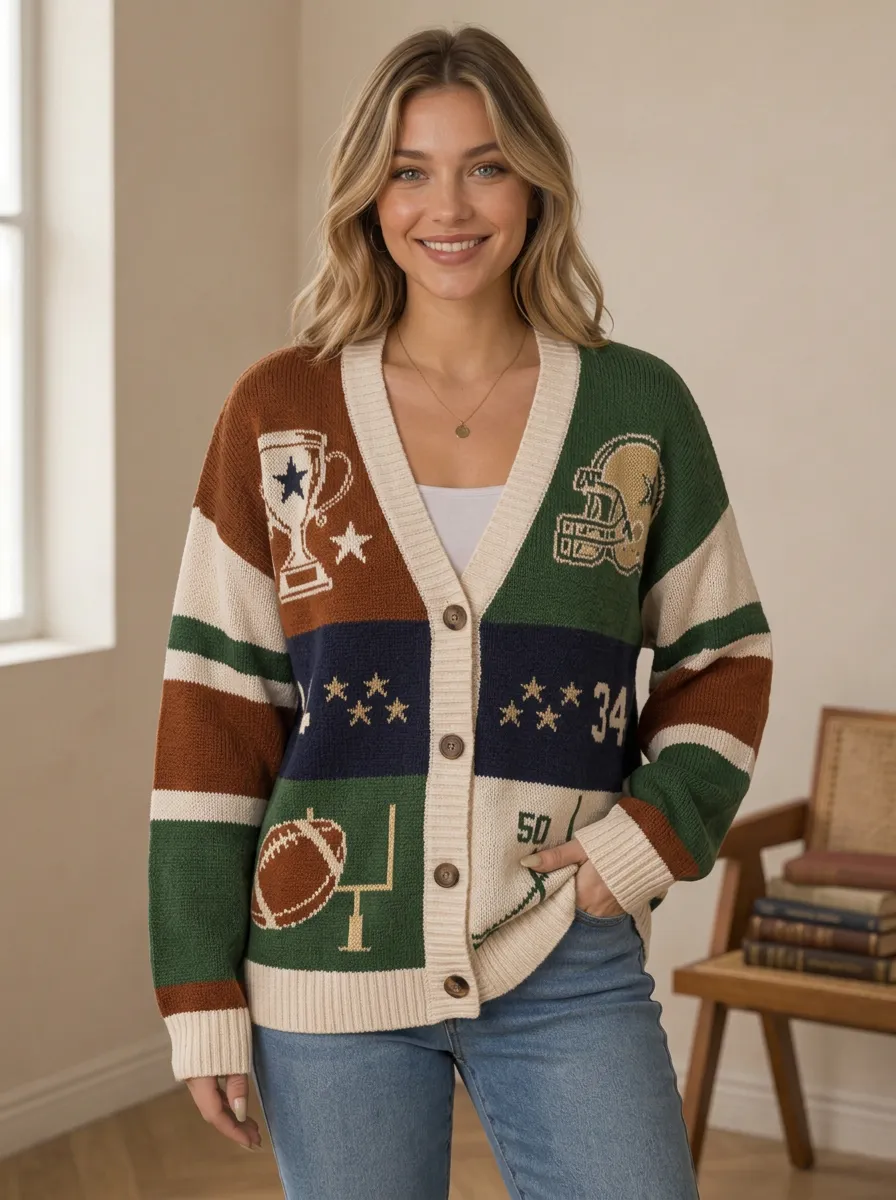Women's Football Fan Trophy Helmet Pattern Knitted Cardigan