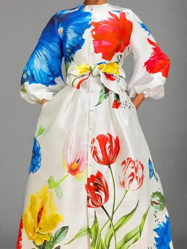Elasticity Buttoned Long Neck Maxi Dress