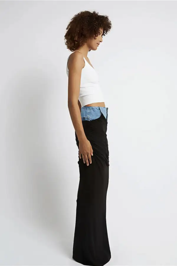 Ruched Denim Maxi Skirt