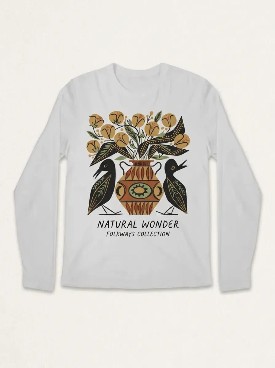 Unisex Folk Art Bird And Floral Vase Long Sleeve T-Shirt