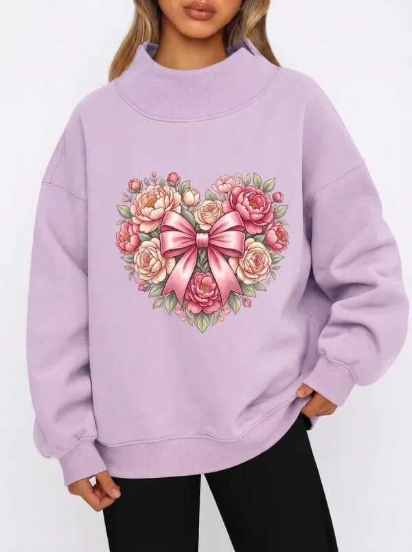 Women's Breast Cancer Awareness Floral Heart Bow Printed Sweatshirt