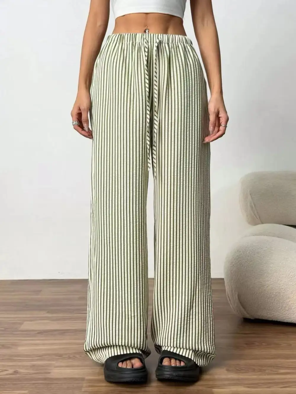 Full Size Striped Drawstring Waist Wide Leg Pants Plus Size