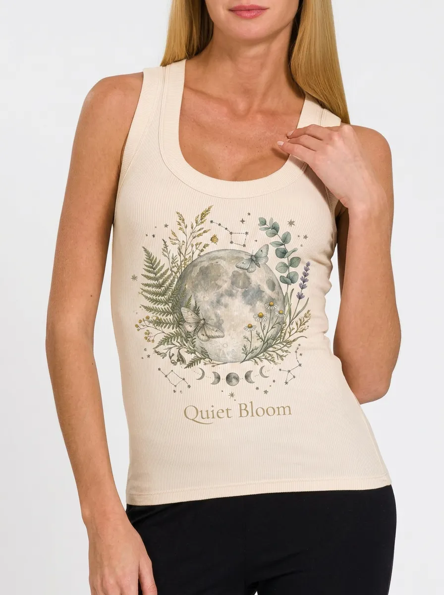 Women's Botanical Moon Moth Quiet Bloom Printed Ribbed Tank Top