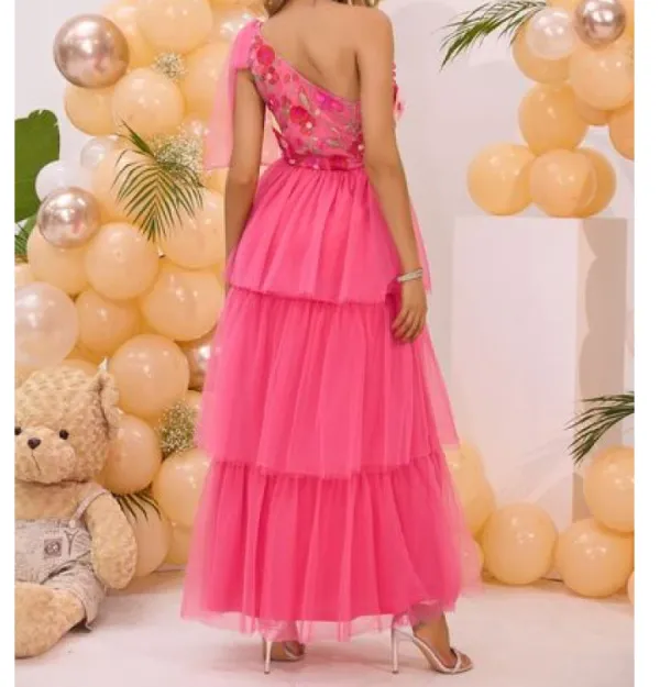 Embroidered Layered Single Shoulder Midi Dress