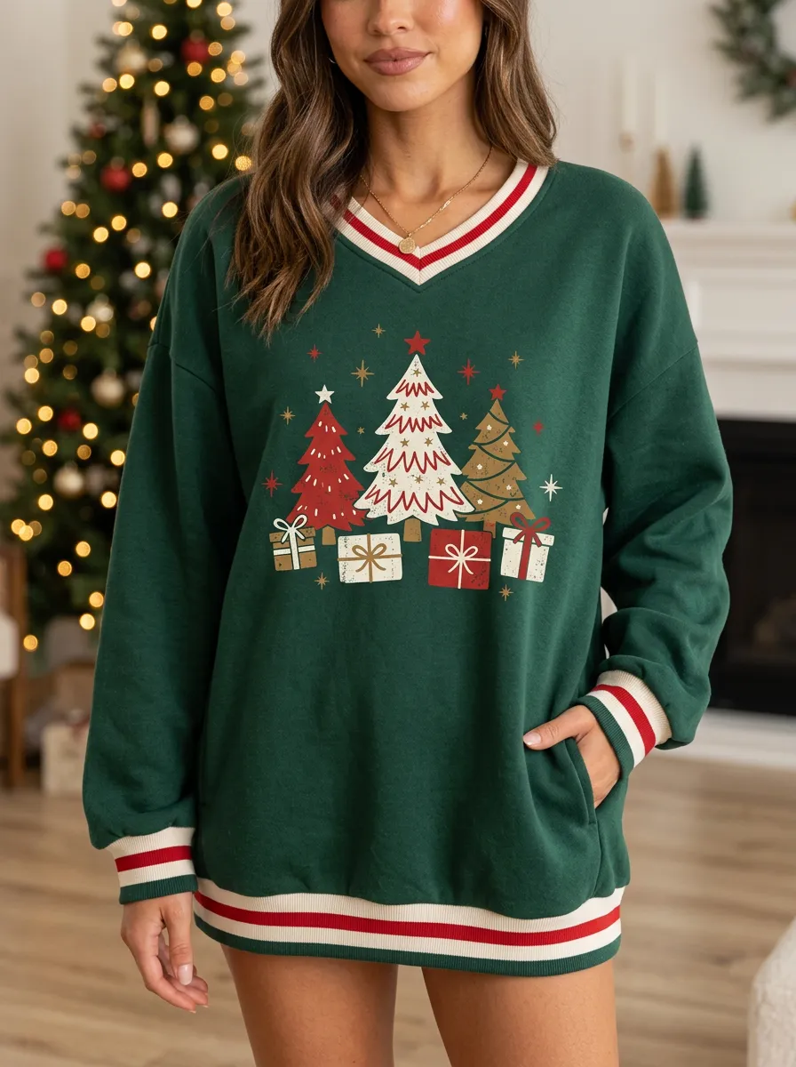 Christmas Holiday Tree & Gift Box Print V-Neck Sweatshirt