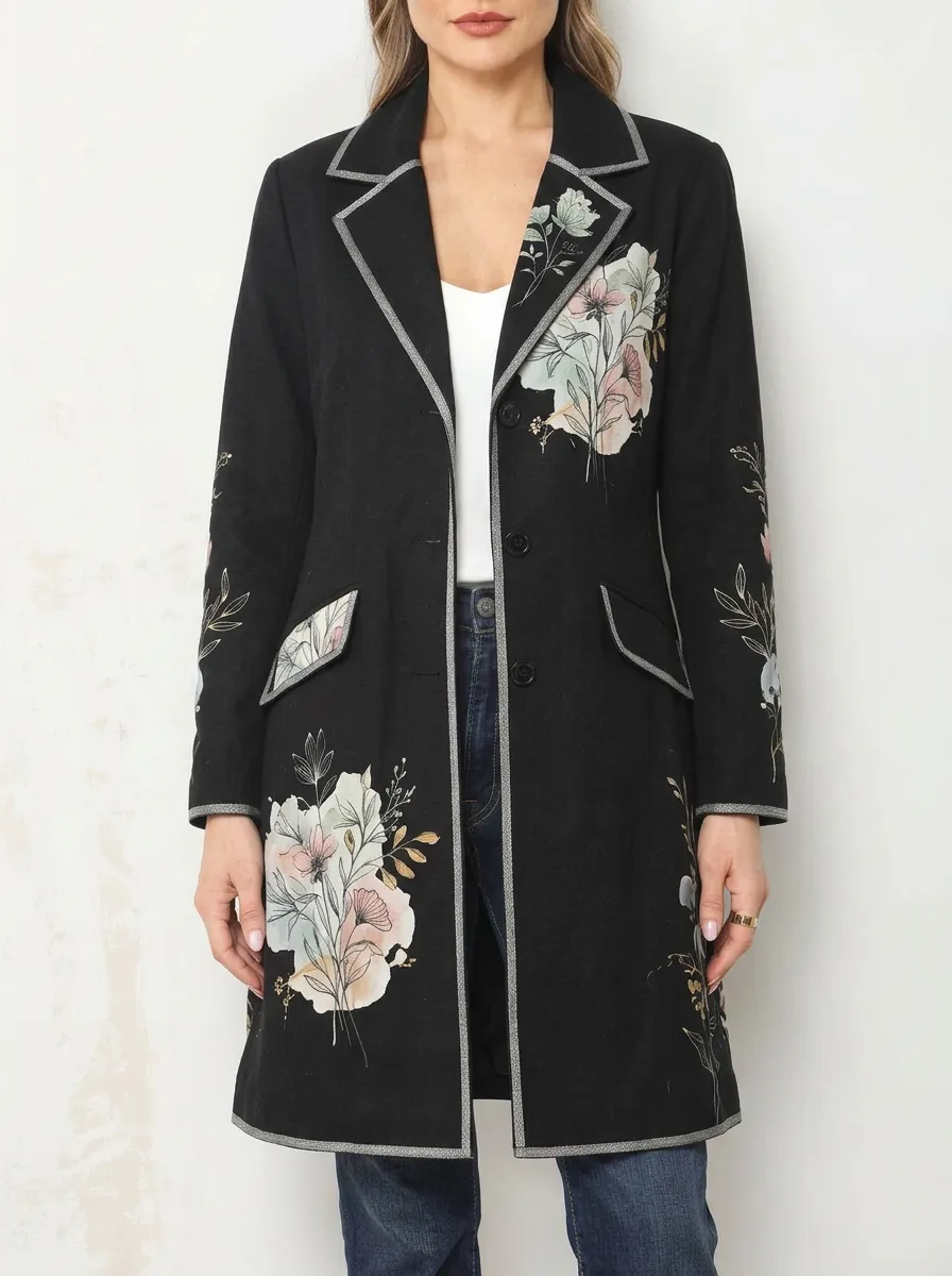 Women's Floral Art Botanical Printed Long Blazer Coat
