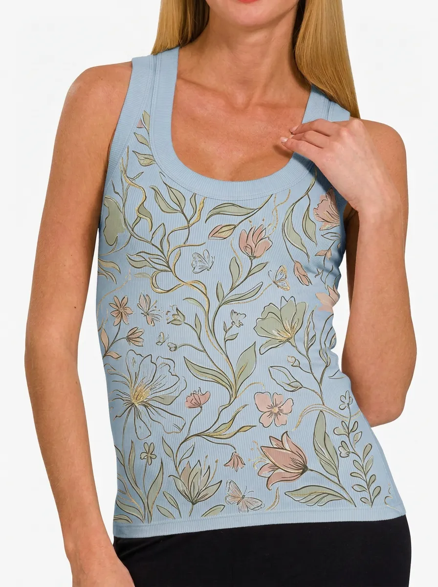 Women's Botanical Floral Butterfly Printed Ribbed Tank Top