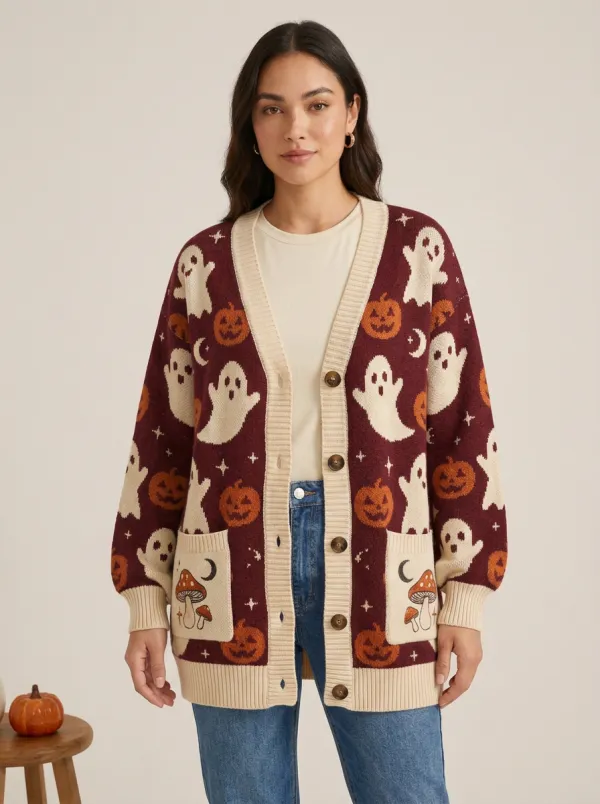 Women's Ghost Pumpkin Mushroom Halloween Print Cardigan