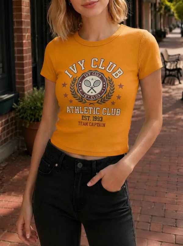 Women's Ivy Club Tennis Sport Printed Ribbed Crop Top