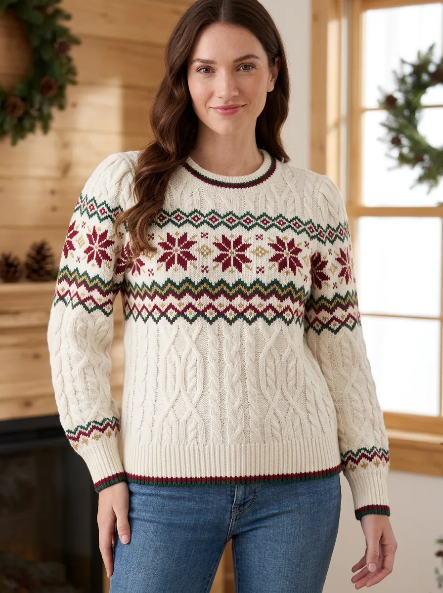 Christmas Holiday Snowflake Fair Isle Patterned Knit Sweater