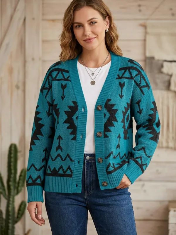 Women's Western Beige and Charcoal Geometric Pattern Cardigan