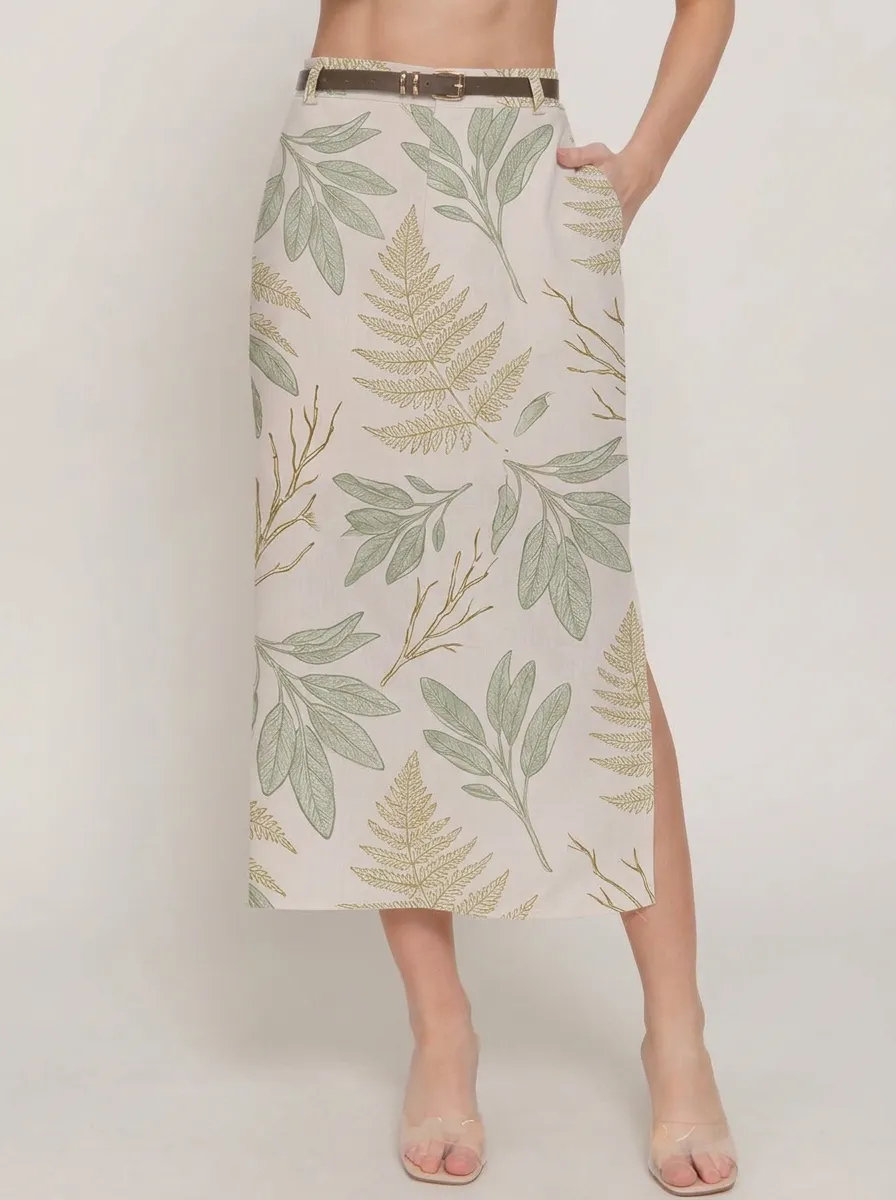 Women's Botanical Nature Lover Fern Leaf Printed Midi Skirt