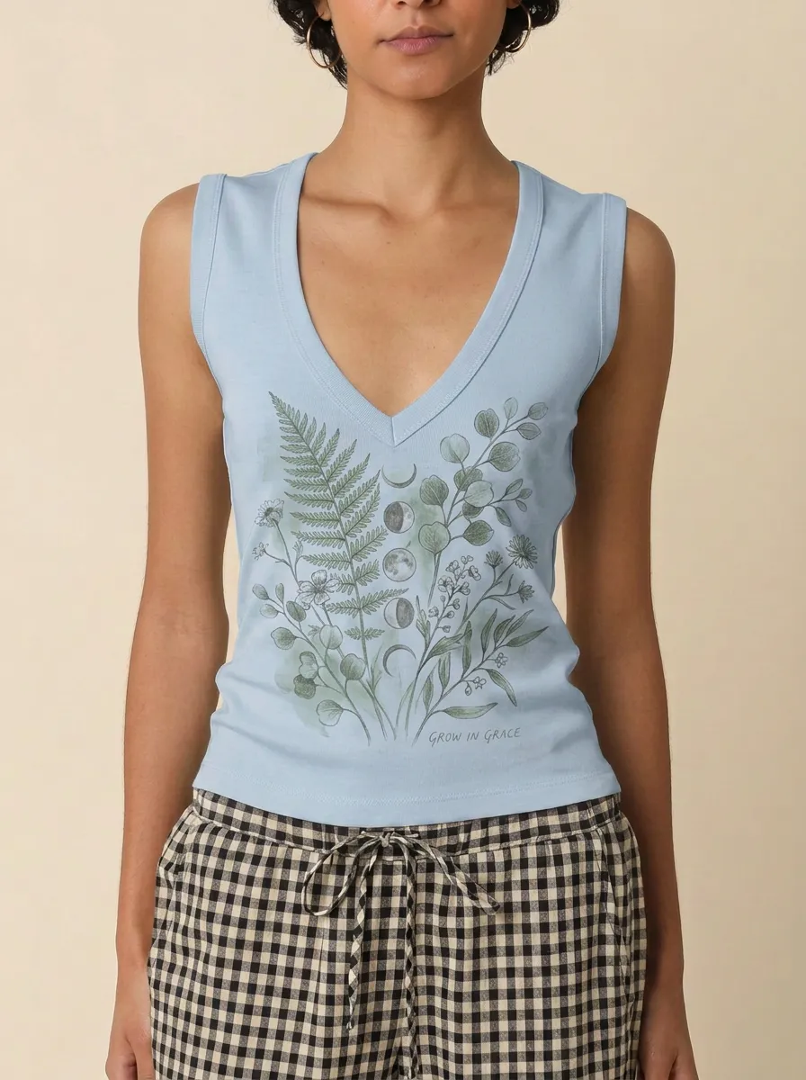 Women's Botanical Moon Phase Grow In Grace Printed Tank Top