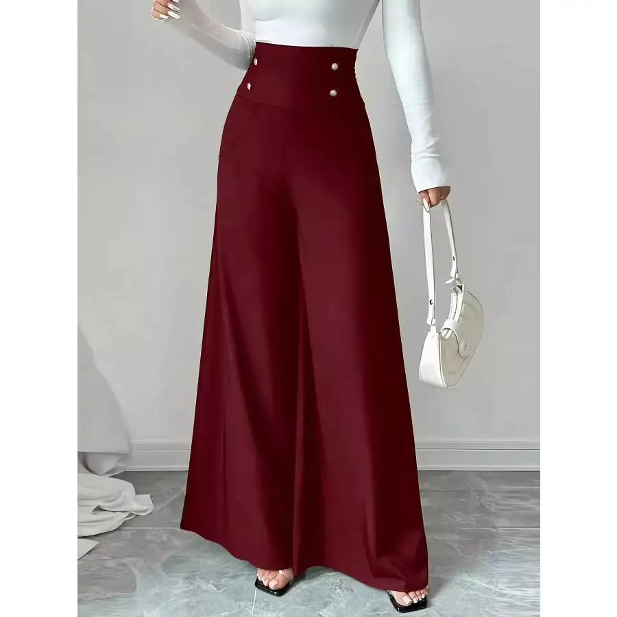 High Waist Wide Leg Button Decor Pants