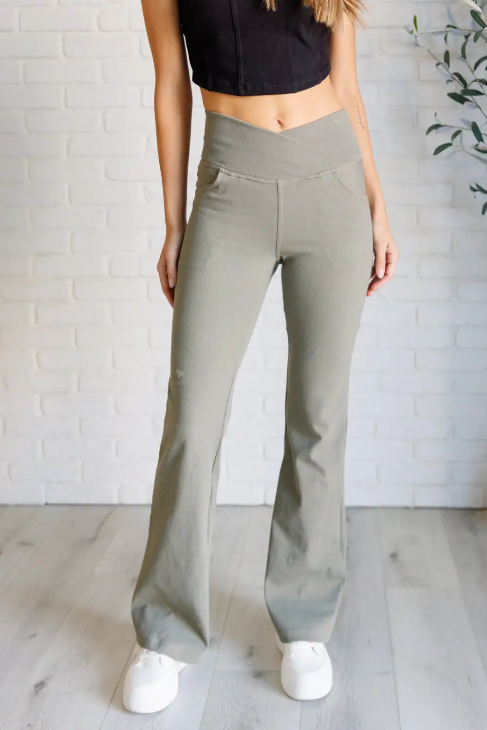 Relaxed Building Habits Twill Flared Crossover Waist Pants In