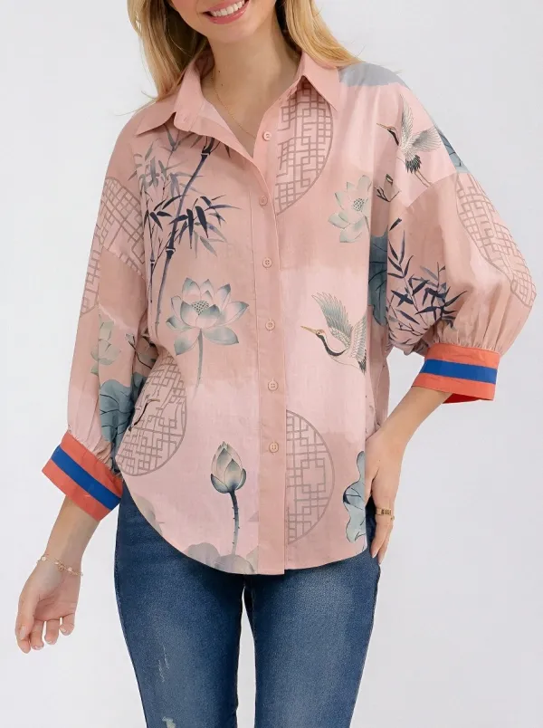 Women's Oriental Crane Lotus Bamboo Printed Button-up Shirt