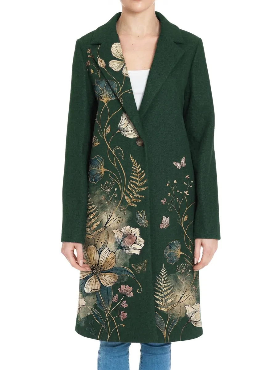 Women's Botanical Nature Lover Floral Butterfly Printed Wool Coat