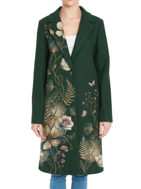 Women's Botanical Nature Lover Floral Butterfly Printed Wool Coat