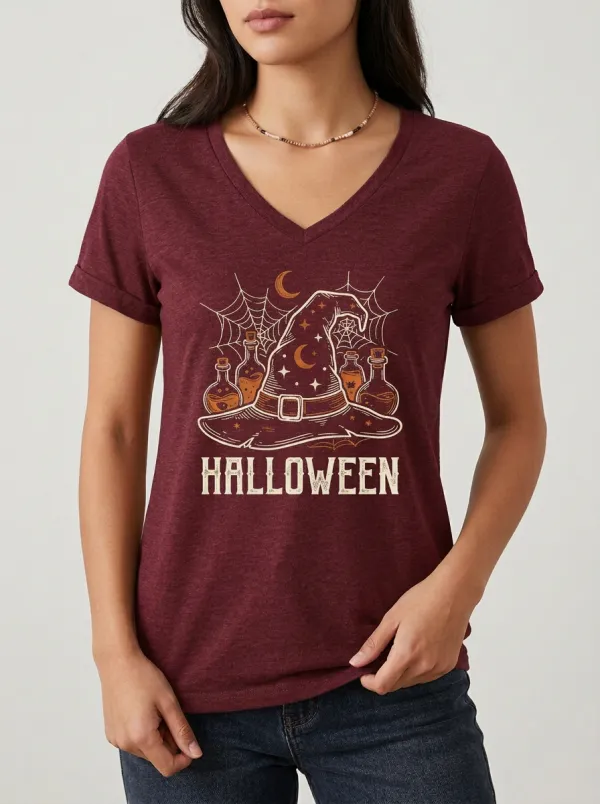 Women's Halloween Witch Hat Potion Bottle Spiderweb Printed V-Neck T-Shirt