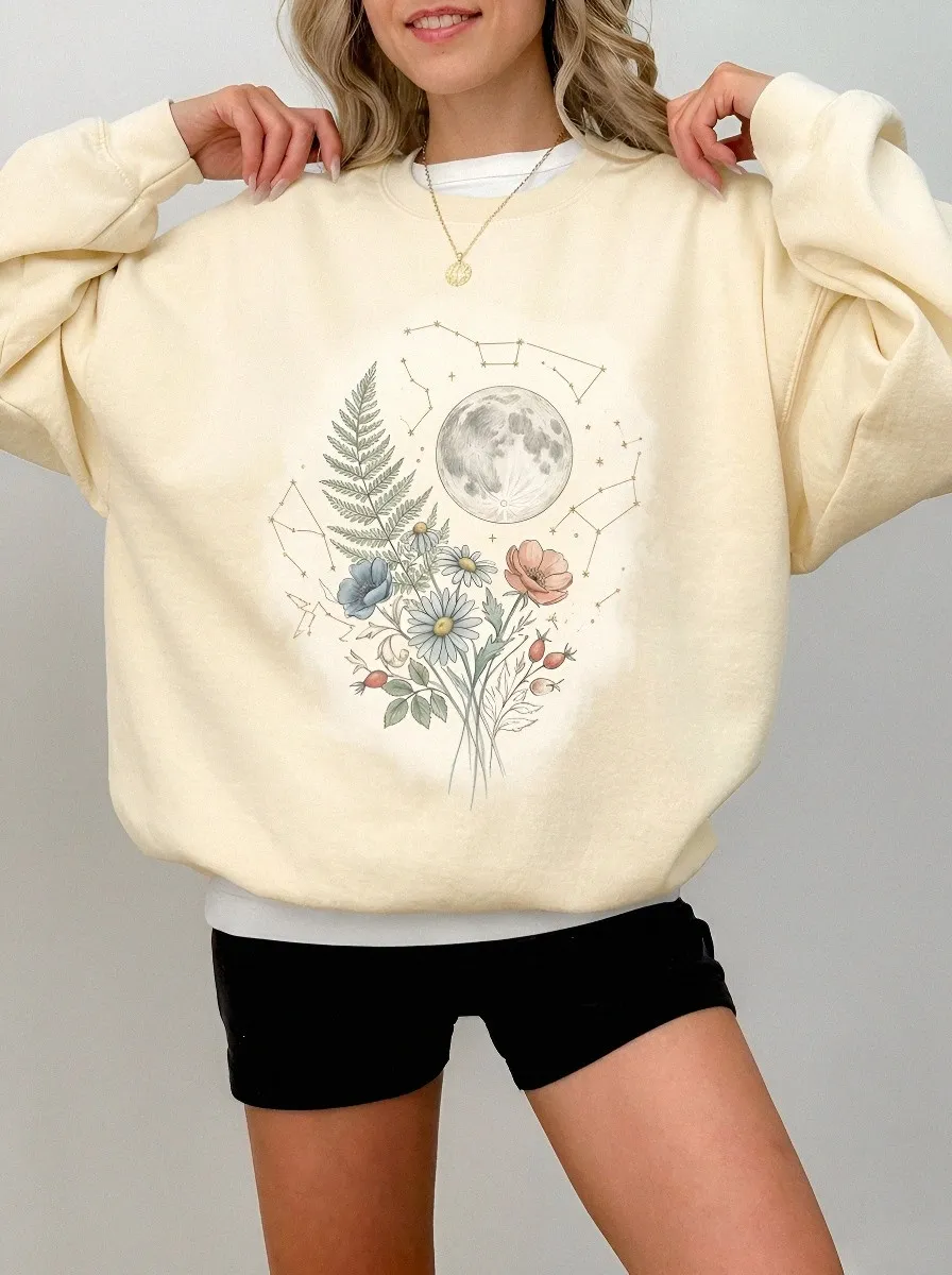 Women's Celestial Floral Moon Constellation Printed Sweatshirt