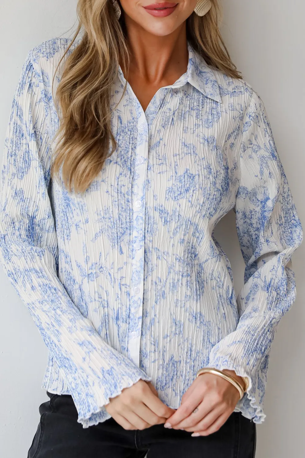Blue Floral Plisse Button-Up Blouse