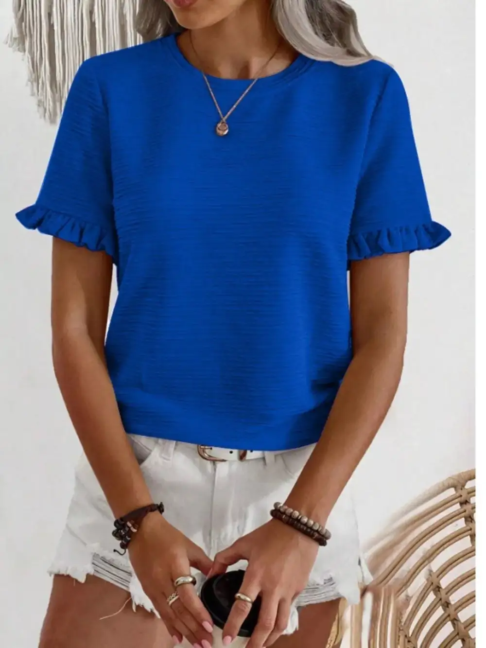 Textured Ruffle Sleeve Round Neck Blouse