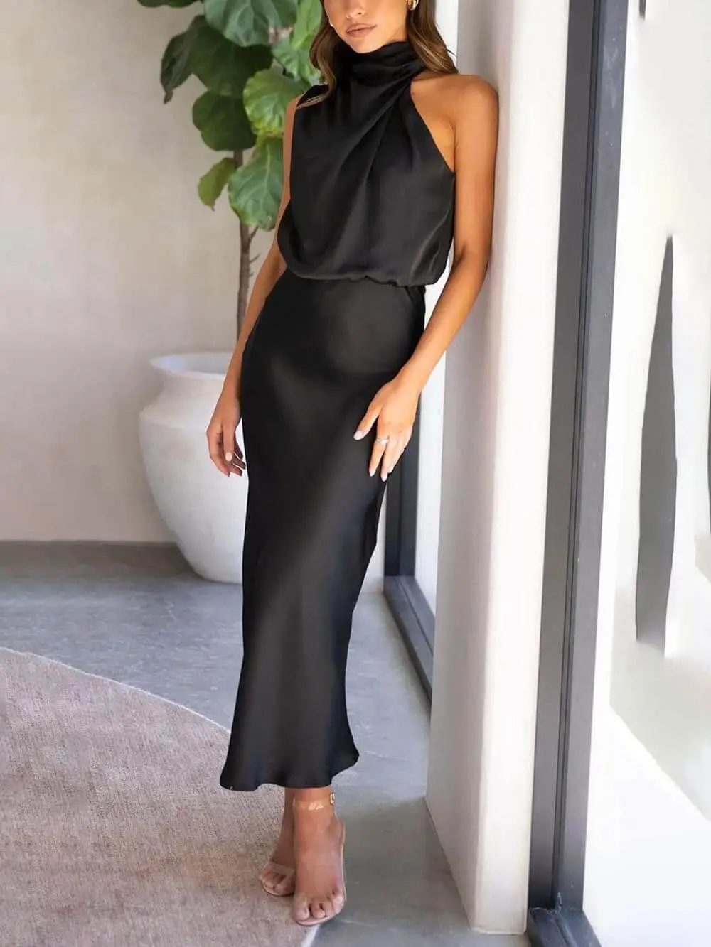 Bridesmaid Sleeveless High Neck Dresses Midi Dress