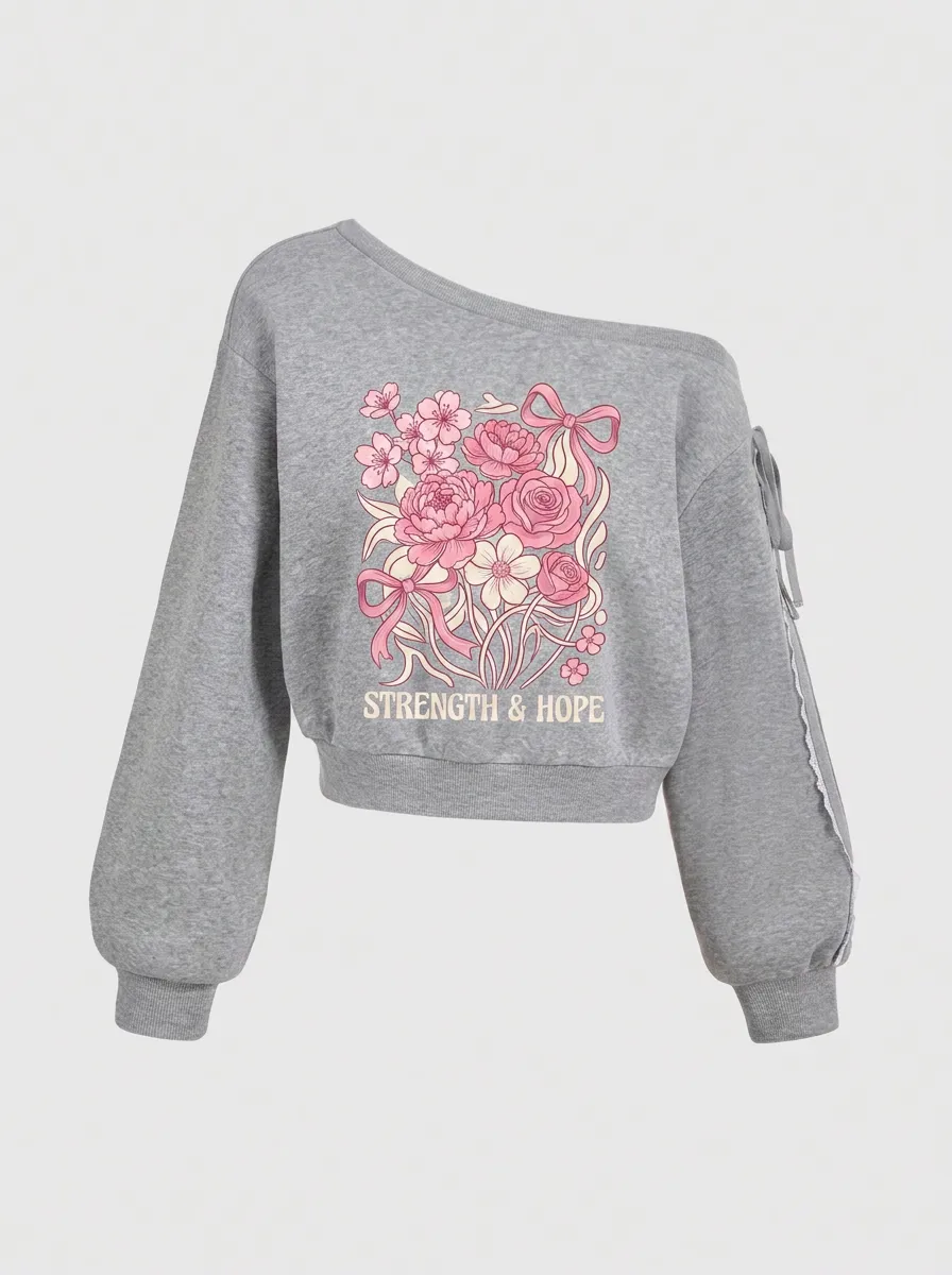 Women's Breast Cancer Awareness Floral Strength & Hope Printed Off-Shoulder Sweatshirt