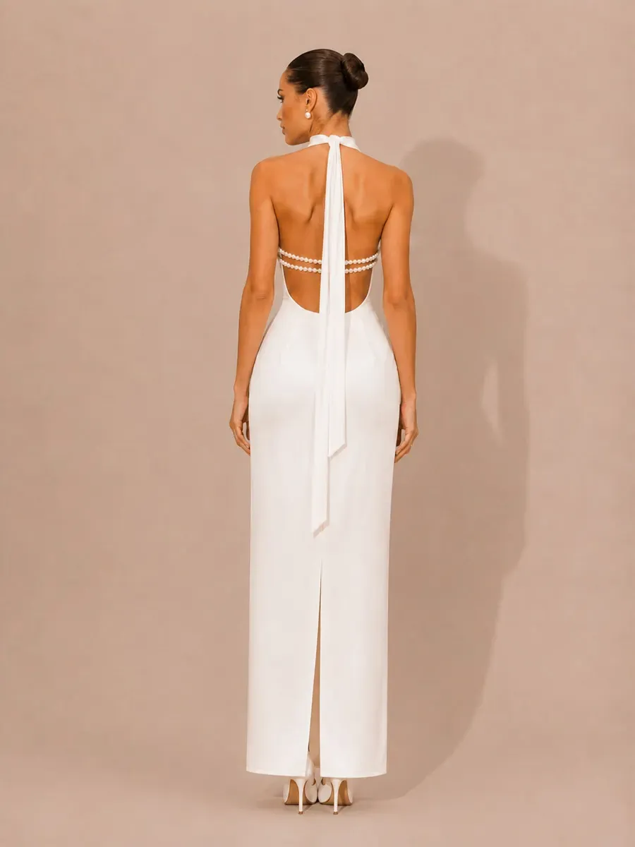 Selene Halter-Neck Beaded-Back Maxi Dress